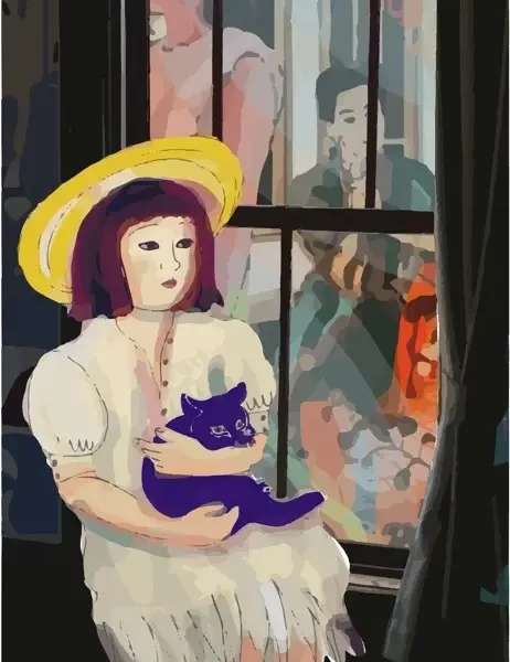 Petite fille et chat bleu - Peinture de Caroline Moisan