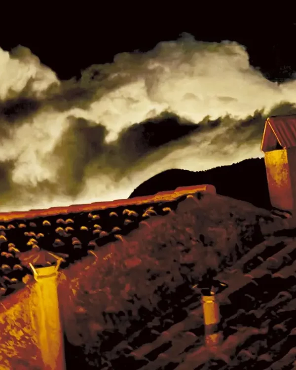 Photographie impressionniste en tirage limité, les toits d'un village du sud de la France la nuit par temps de brouillard.