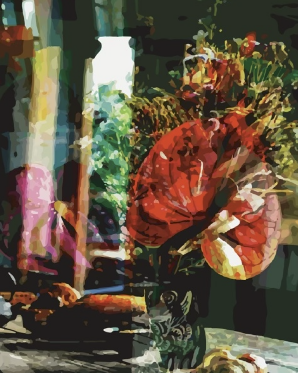 Peinture numérique en tirage limité, nature morte, verre et grosse fleurs rouge - Caroline Moisan