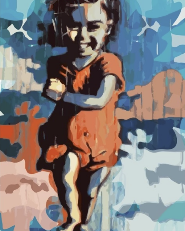 Peinture numérique en tirage limité, petite fille en robe rouge courant sur la plage - Caroline Moisan