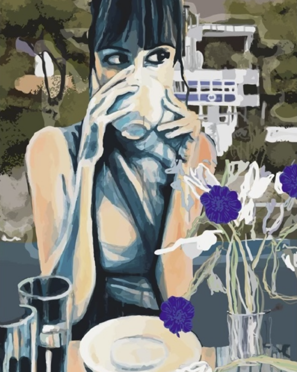 Peinture numérique en tirage limité, femme buvant son café devant la villa E-1027 - Caroline Moisan