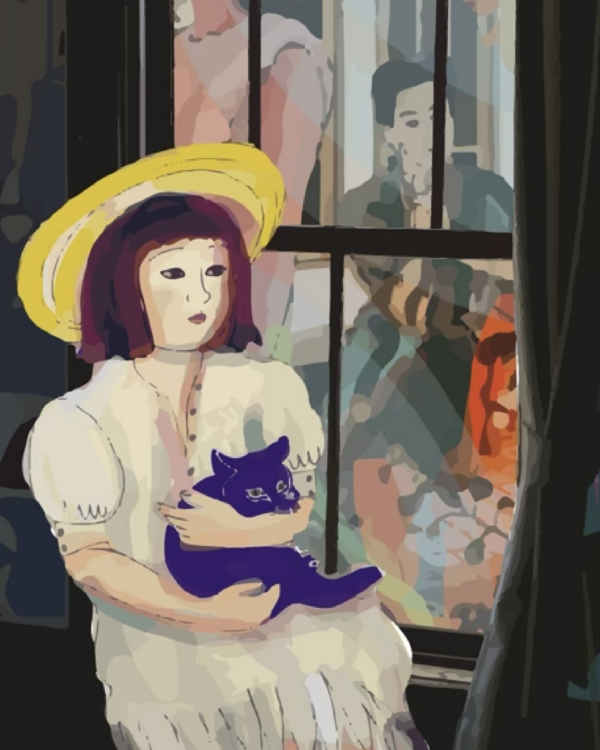 Peinture numérique en tirage limité, petite fille au chapeau jaune avec un chat bleu sur les genoux - Caroline Moisan