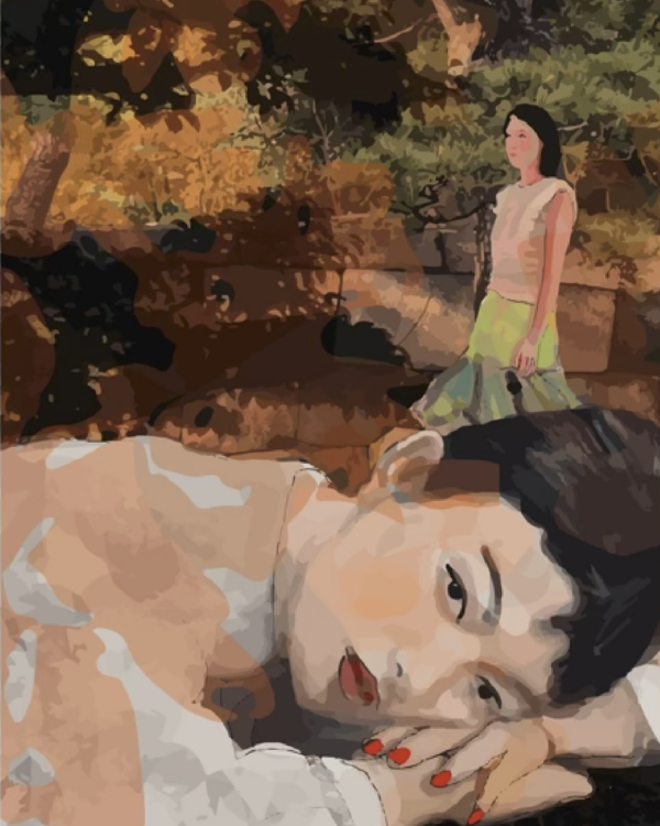Peinture numérique en tirage limité, femme dans un jardin, alongée et pensive - Caroline Moisan