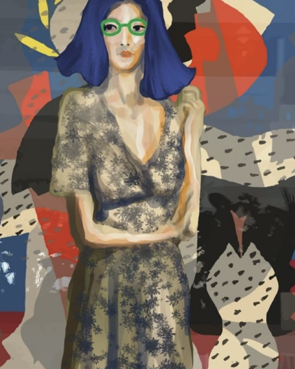 Peinture numérique en tirage limité, femme aux cheveux bleu et lunettes verte en robe impriméee - Caroline Moisan