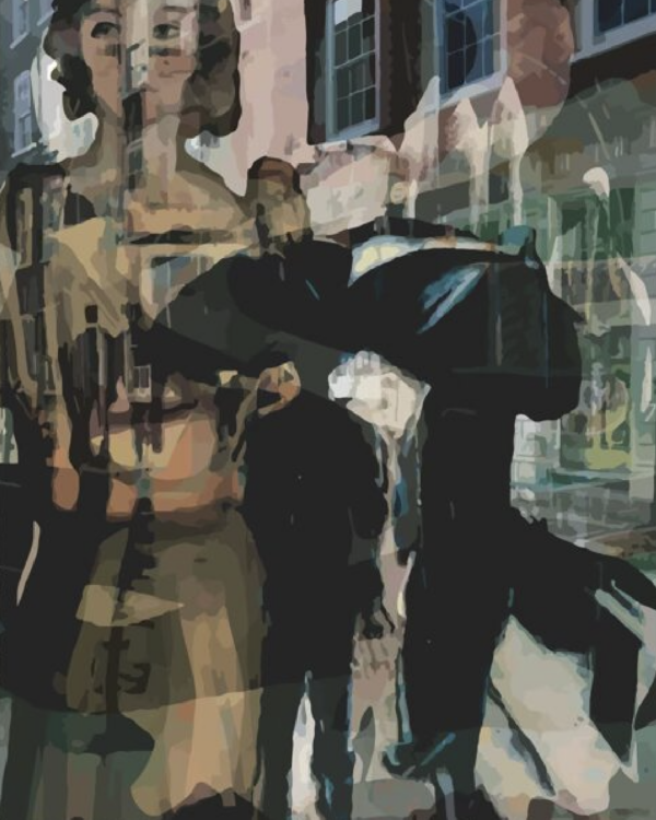 Peinture numérique en tirage limité, rue de Londres, reflet dans une vitrine de boutiques et parapluies - Caroline Moisan