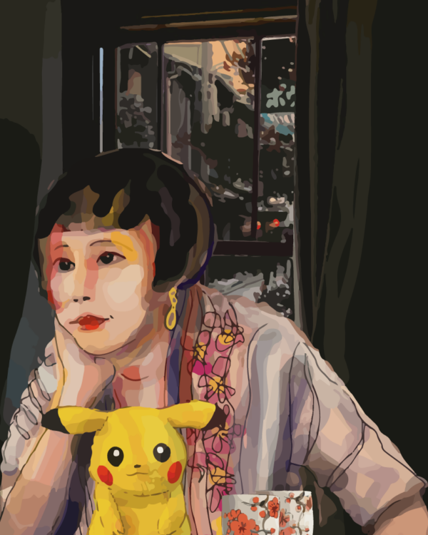 Peinture numérique en tirage limité, jeune femme pensive à la terrasse et Pikachu - Caroline Moisan