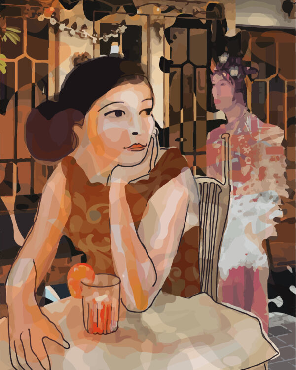 Peinture numérique en tirage limité, jeune femme pensive à la terrasse d'un café japonais - Caroline Moisan